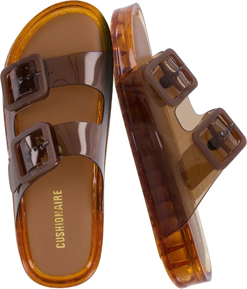 CUSHIONAIRE Pool Slides for Women Water Resistant Double Buckle Adjustable Slip-On Womens Sandals for Beach Shower Casual Wear
