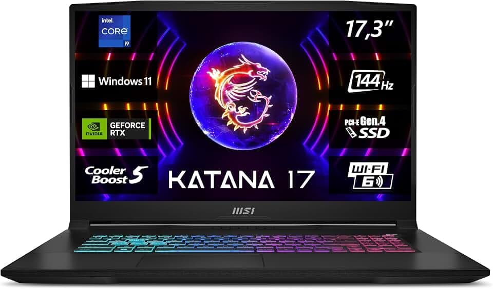MSI Katana 17 B13VGK-671, Gaming Laptop, 43,9 cm (17,3 Zoll) FHD, 144 Hz, Intel Core i9-13900H, 16 GB DDR5-5200, 1 TB SSD, NVIDIA GeForce RTX 4070, Windows 11 Home, QWERTZ Tastatur, Schwarz