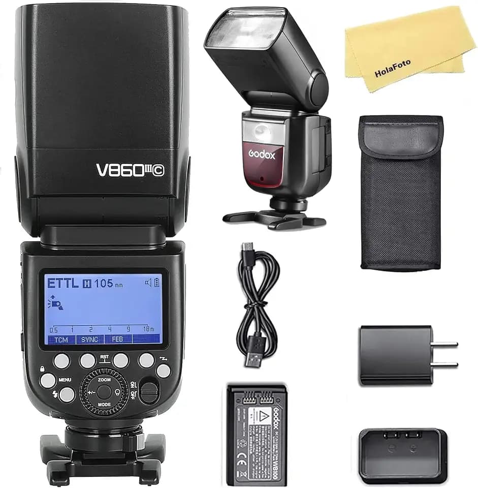 Godox V860III-C Blitzgerät für Canon-Kameras 76Ws 2,4G HSS 1/8000s mit 10-Speed einstellbarem Einstelllicht 7,2V/2600mAh Lithium-Batterie Inklusive Diffusor, Farbfilter, Mini-Softbox
