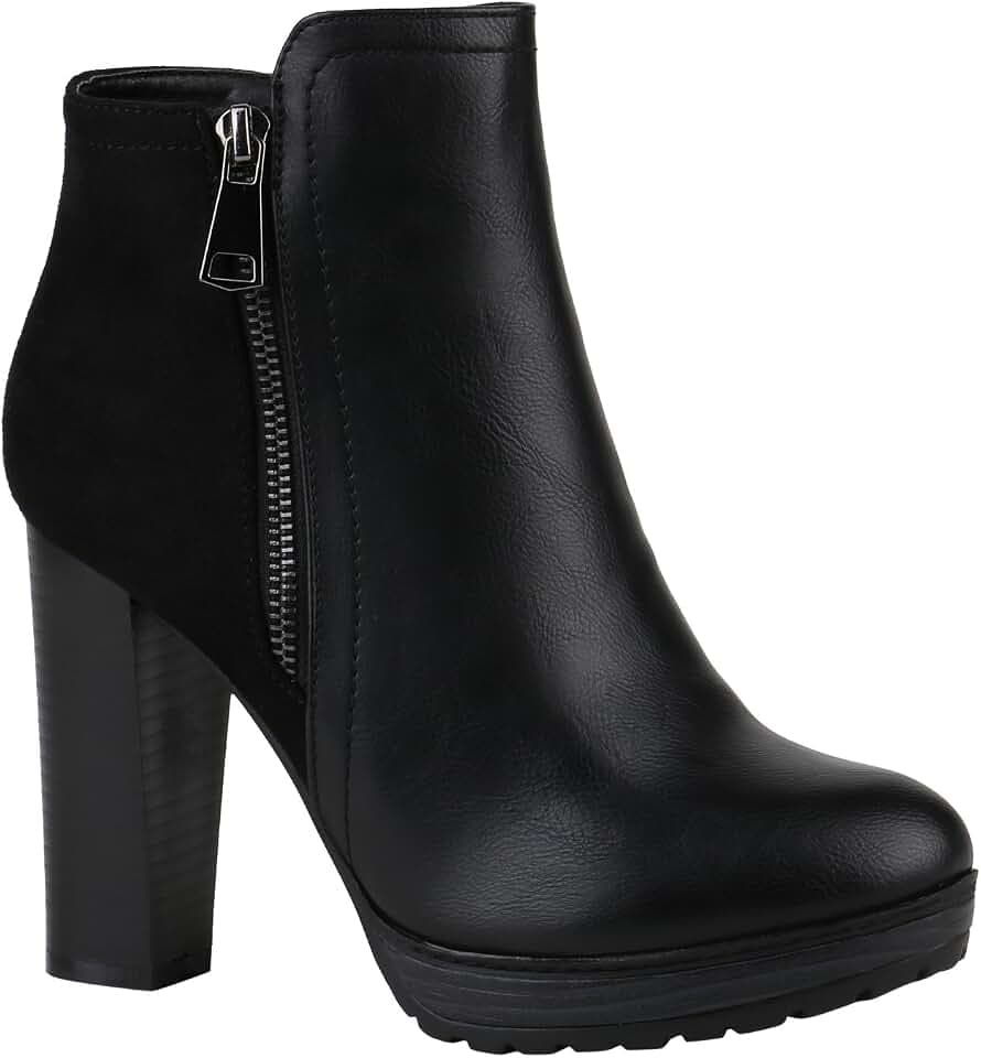 stiefelparadies Damen Stiefeletten High Heels mit Blockabsatz Profilsohle Flandell