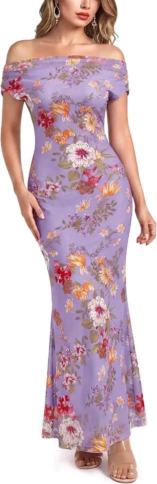 VFSHOW Womens Floral Off The Shoulder Wedding Guest Cocktail Long Dress