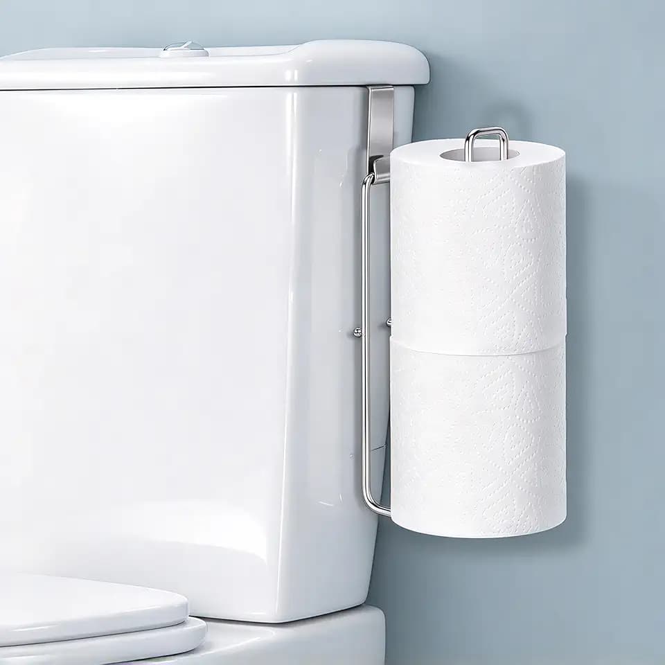 Bathroom Toilet Paper Holder with Storage Extra 2 Rolls, Over the Tank Toilet Paper Holder Wall Mount, Small Restroom Organizer, Adhesive RV Tissue Storage, Stainless Steel, Silver, 1PC