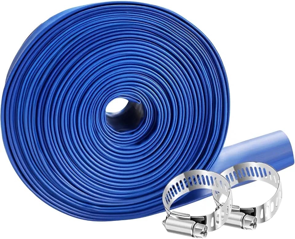 YASHINE PVC Drain HOSE 2"*100ft, Pool Backwash Hose, Heavy Duty Reinforced Blue PVC Discharge Hose Lay Flat Water, For Swimming Drain Pools and Clean Filters, with 2 Clamp
