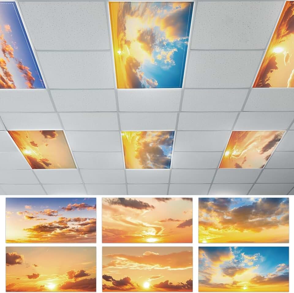 6 Pcs Fluorescent Light Covers with 60 Magnets Decorative for Classroom Ceiling Lights 4 x 2 Feet Magnetic Light Cover Filter Easy Install for Office Hospital Home Ceiling Supplies (Orange Sky)
