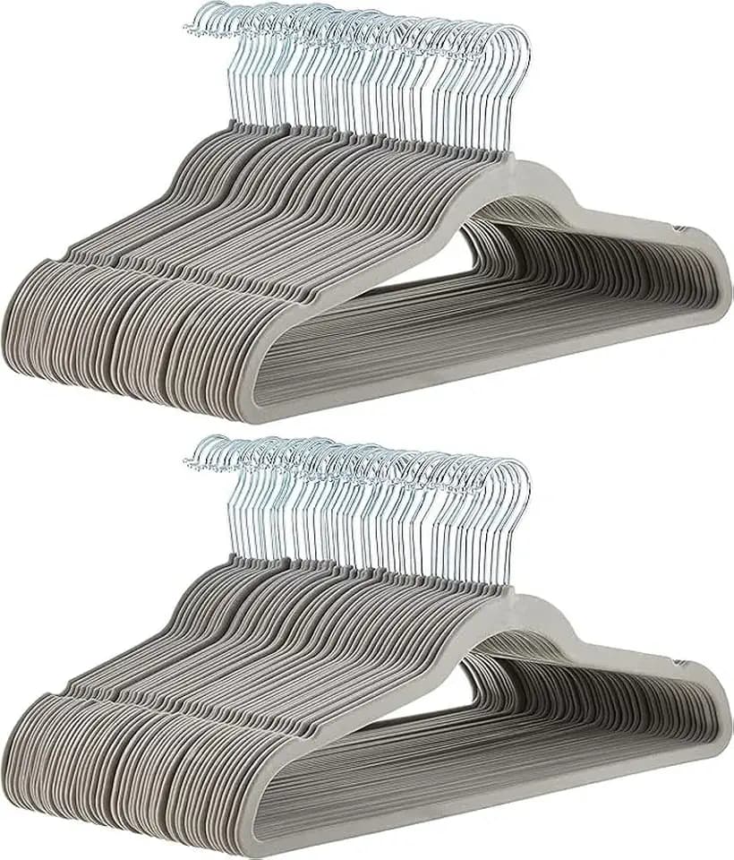 Amazon Basics Slim Velvet Non-Slip Space Saving Suit Clothes Hangers for Closet Organization, Gray/Silver, 100-Pack