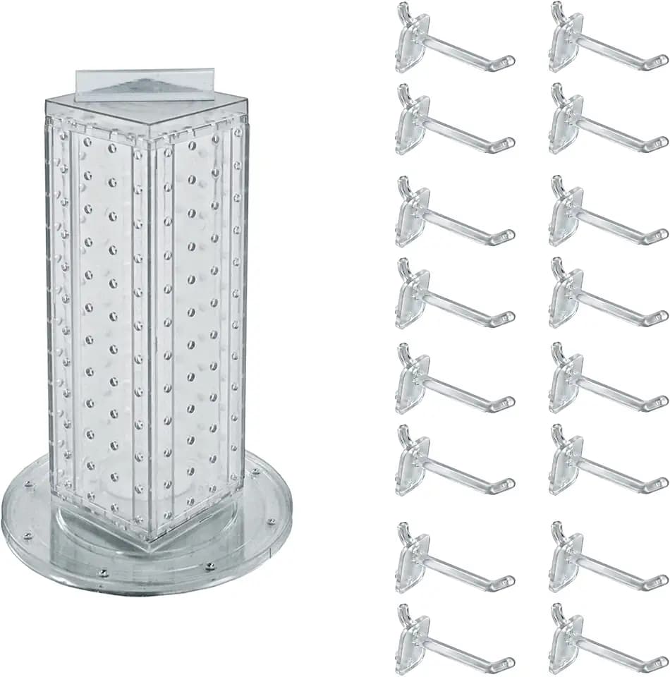 Azar Displays 700220-CLR-2C16 Four-Sided 4”W x 12” Revolving Pegboard Tower Kit Counter Display with 16-Pack of 2 inch Locking Hooks, Clear