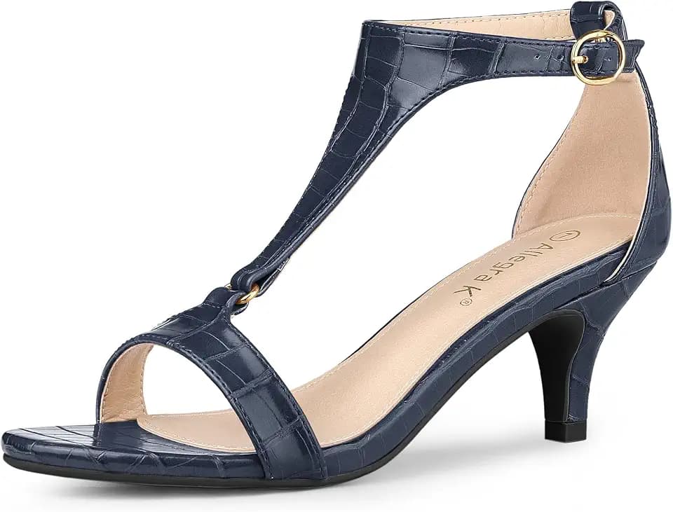Allegra K Women's t Strap Embossed Kitten Heel Sandals