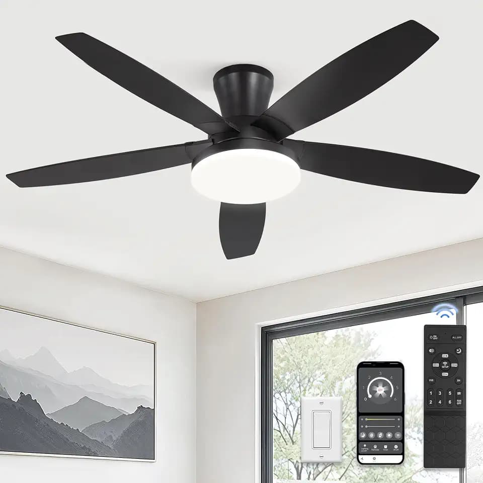 ZMISHIBO 48 Inch Flush Mount Ceiling Fan with Lights and Remote, Black