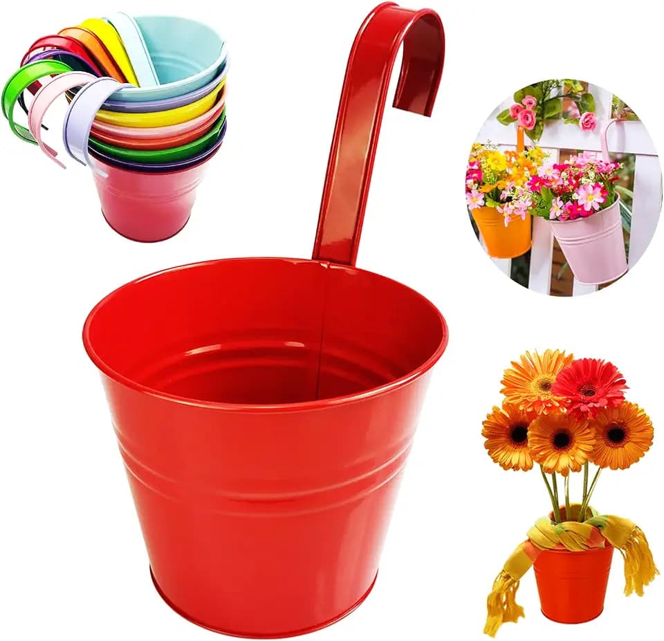 8 PCS Metall hängende Pflanzentöpfe, hängende Garten Blumen Eimer, Balkon Innendekoration, mit Drainage Löcher und abnehmbaren Haken(Kaliber 16cm, farbig)