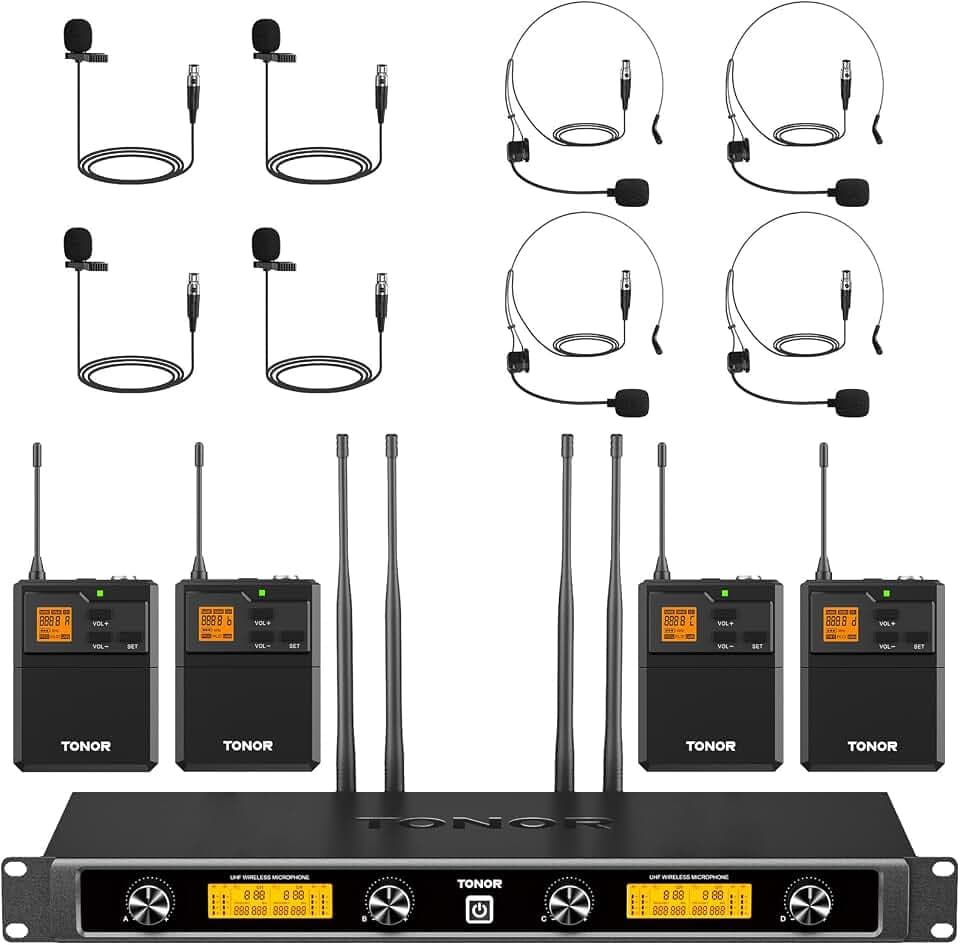 TONOR 4-Kanal UHF Mikrofon Kabellos Set mit 4 Bodypack Transmitter/Headset/Lavalier Wireless Microphone, 4x5 Frequenzen 90 m Reichweite Funkmikrofon für Gesang, Karaoke, PA System, Lautsprecher TW844