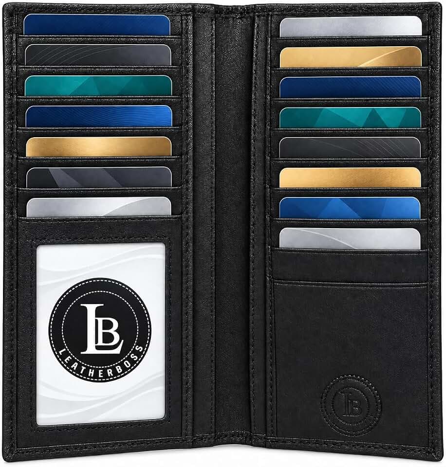 Leatherboss Men's Genuine Leather Long Bifold Wallet | Card Holder Clutch with 6 Card Slots, ID Window, Cash & Checkbook Compartment (Black)