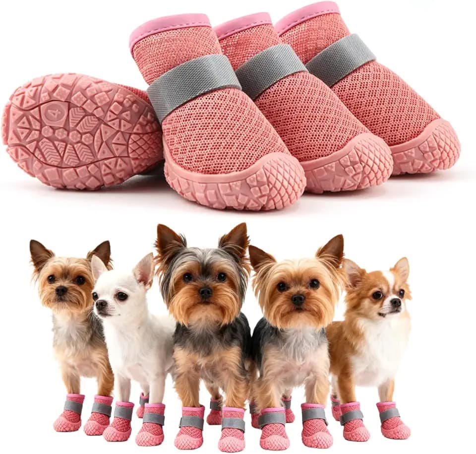 4-teiliges Set Hundeschuhe für verletzte Pfoten 6-9 kg oder weniger, rutschfeste atmungsaktive Hundestiefel mit Mesh, verstellbare Pfotenschützer und Schnee für kleine rosa(Pfotenlänge bis 4,8 cm)