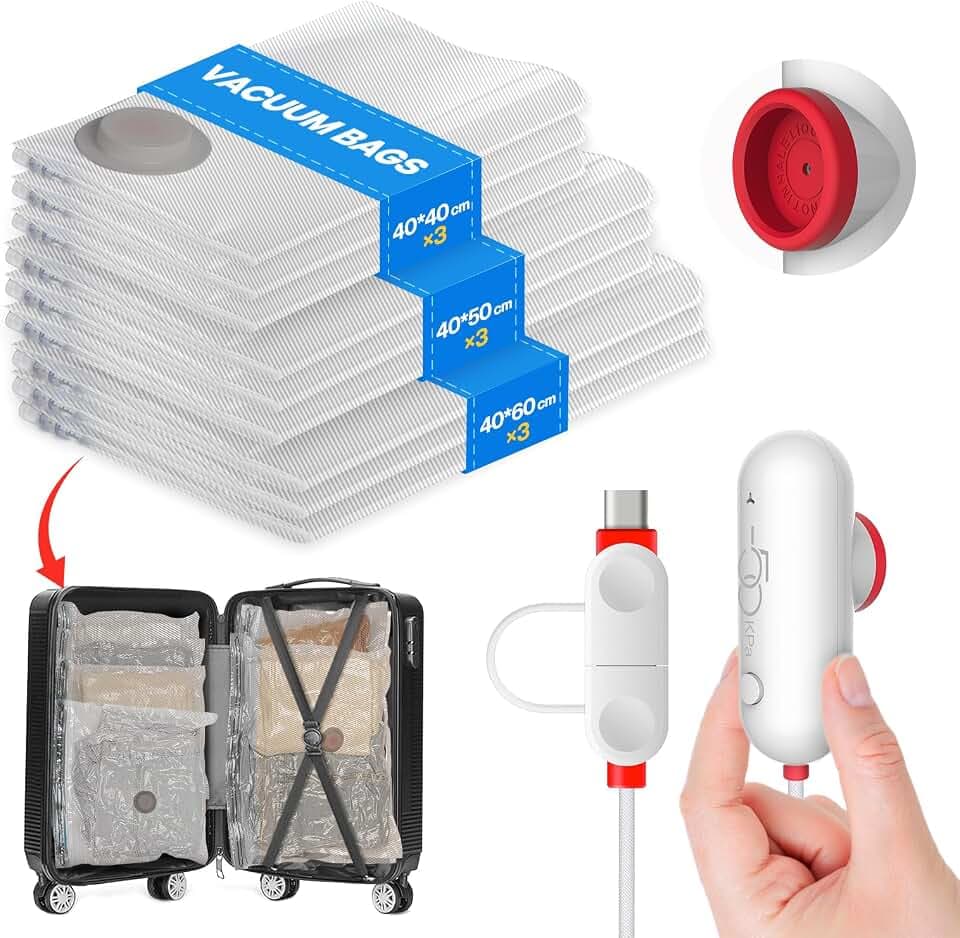 Vakuumbeutel für Kleidung mit USB-Elektropumpe, 9 Stück Vacuum Bags (3x 40x40cm, 3x 40x50cm, 3x 40x60cm), Wiederverwendbare Vakuumierbeutel für Reisen – Platzsparende Travel Essentials