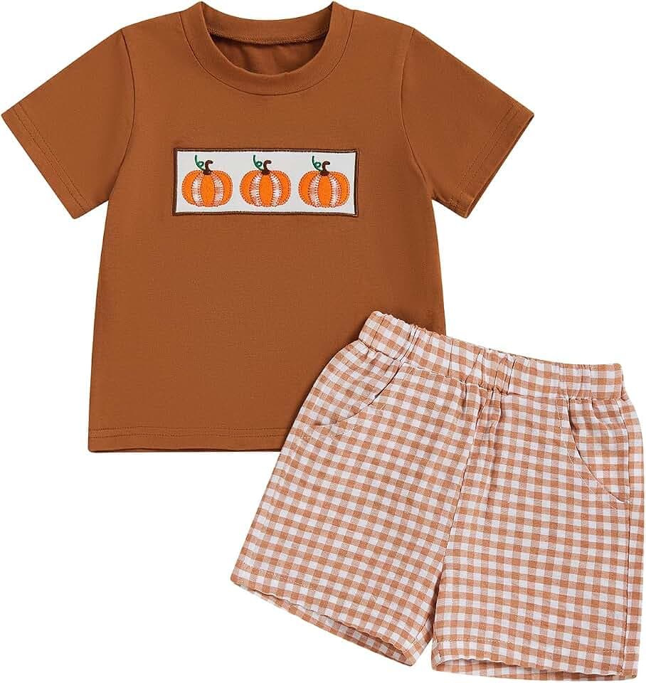 Boys Back To School Outfit Short Sleeve T-shirt and Plaid Shorts Summer Set