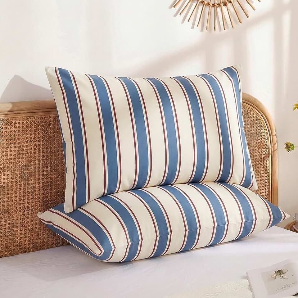 Merryword White and Blue Striped Pillowcases, 100% Cotton Pillow Cases, Standard Size Pillowcases, Luxury Linen Like Pillowcase, Soft Breathable Stripe Pillow Covers, Set of 2