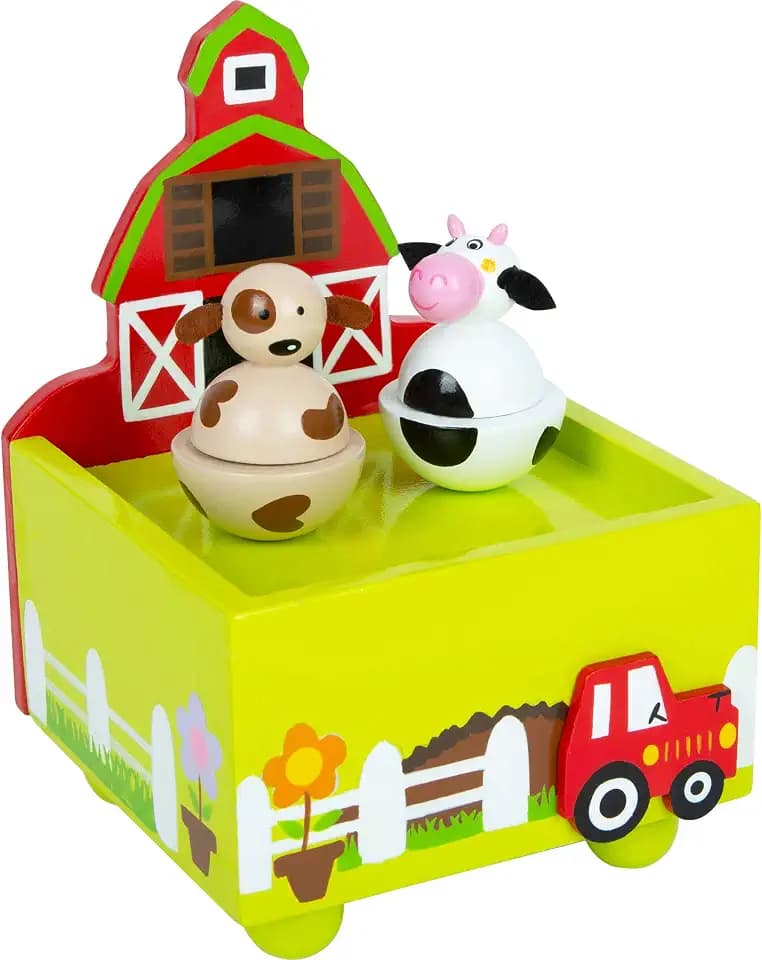 small Foot Spieluhr Bauernhof, aus Holz mit fröhlichen Tiermotiven, Musikuhr für Kinder ab 3 Jahren, 11715, Braun und Weiß