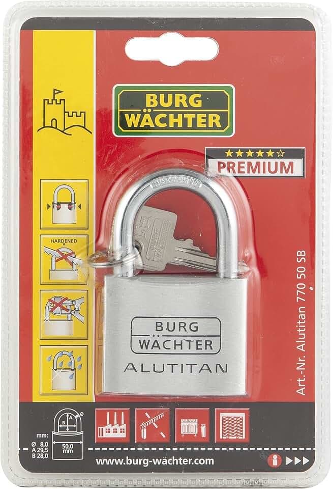 Burg-Wächter Vorhängeschloss Aluminium, 8 mm Bügelstärke, 50 mm Bügelhöhe, 2 Schlüssel inkl., Alutitan 770 50 SB
