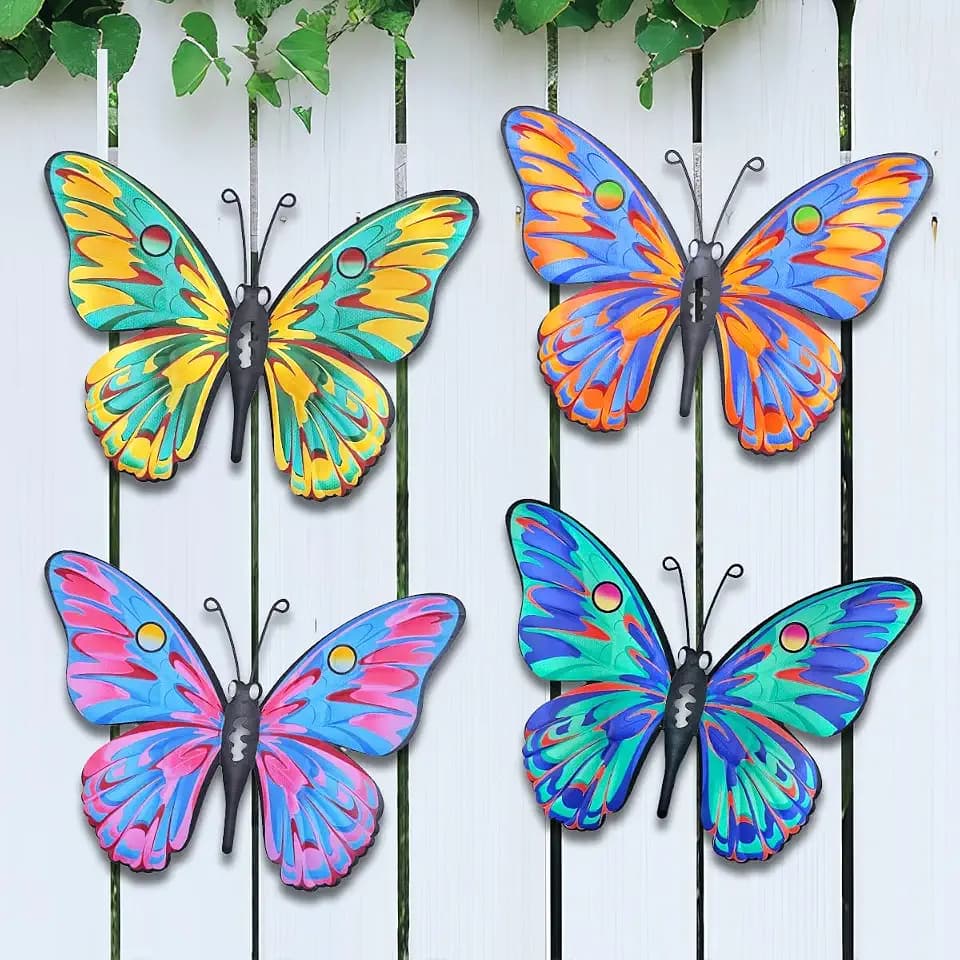 Daogtc Metal Butterfly Wall Decor - 9.6" Outdoor Fence Wall Art Decor, Hanging Decoration for Garden Yard Living Room Bedroom Patio Balcony(4 Pack) (Butterfly-G)