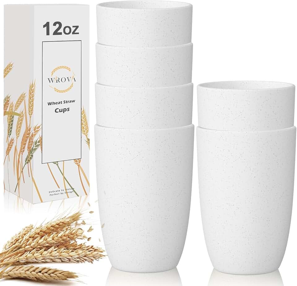 Wrova Wheat Straw Cups Set of 6 Good Alternative to Plastic Cups Reusable 12 oz Unbreakable Drinking Cup Reusable Dishwasher Safe Water Plastic Kitchen Glasses - White