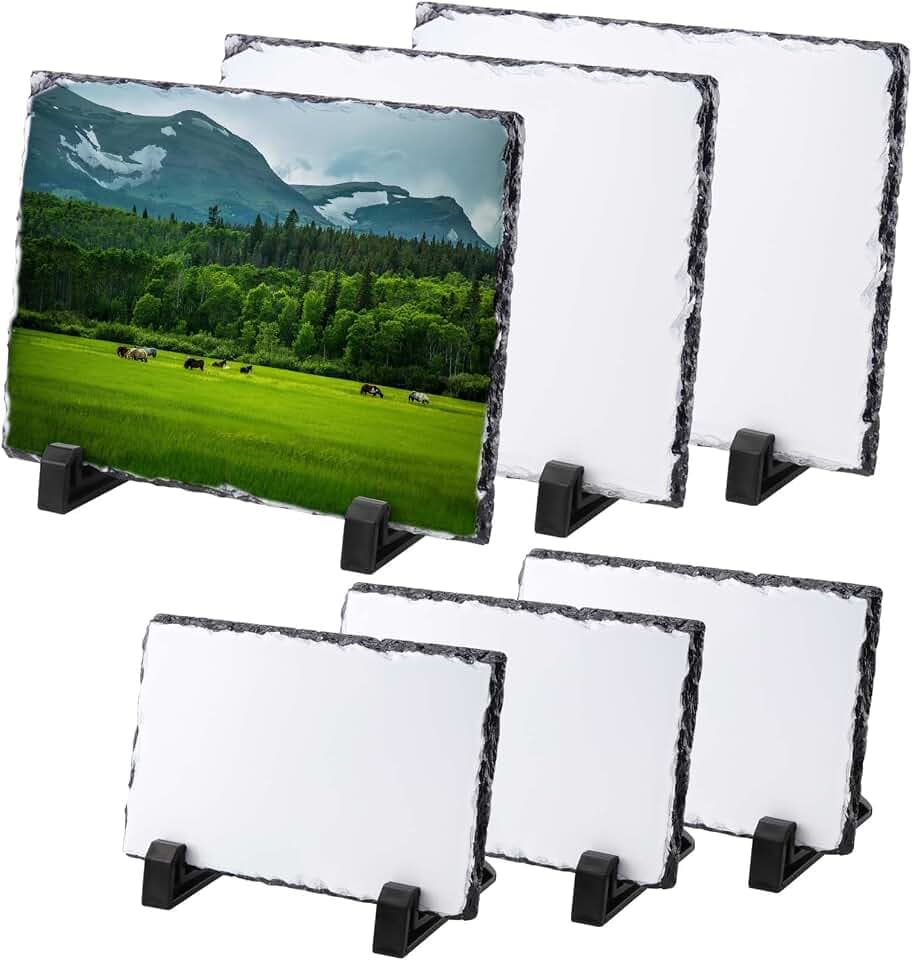 JAPCHET 6 Pack Sublimation Slate Blanks, 2 Size Heat Transfer Rectangular Sublimation Photo Slate with Display Holder, Personalized Rock Slate Photo Plaque for Desktop Souvenir DIY Personalized Gift