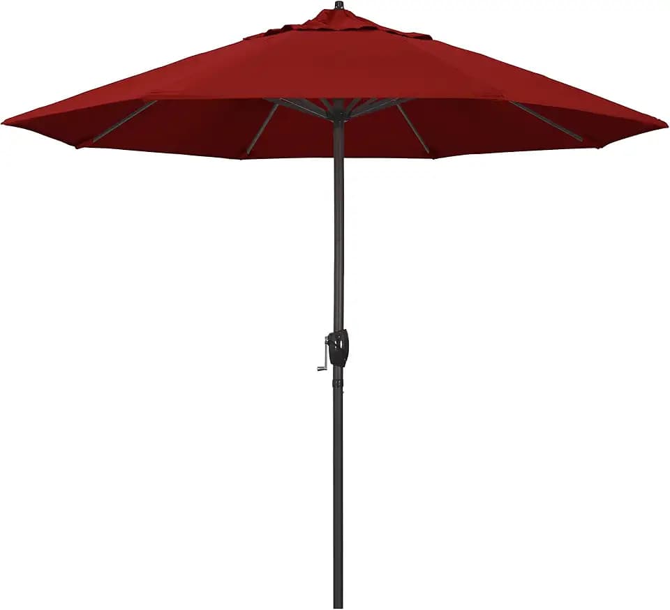 California Umbrella 9' Rd Sunbrella Aluminum Patio Umbrella, Crank Lift, Auto Tilt, Bronze Pole, Jockey Red