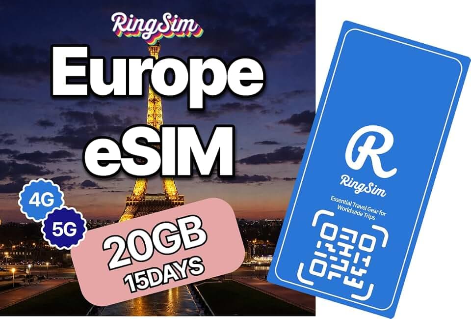 [eSIM] Europe eSIM | 15DAYS 20GB | UK, France, Italy, Spain, Germany | 5G, 4G/LTE, Tethering, Hotspot | SIM with Instant Activation in 10 Minutes | Travel with Ringsim | 15DAYS 20GB