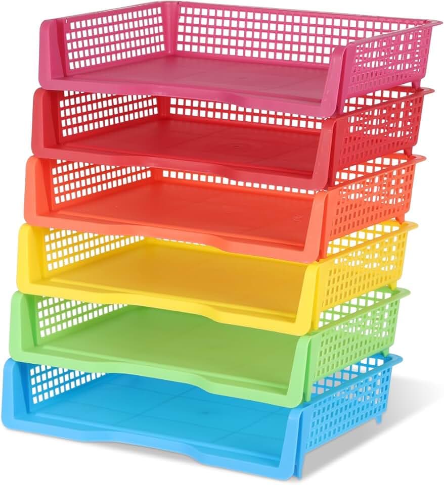 6 Pack Plastic Turn in Paper Trays, Retro Storage Bin Basket, Stackable Colorful Trays Set with Ventilation Design for Office Desk, Classroom Organization Supplies
