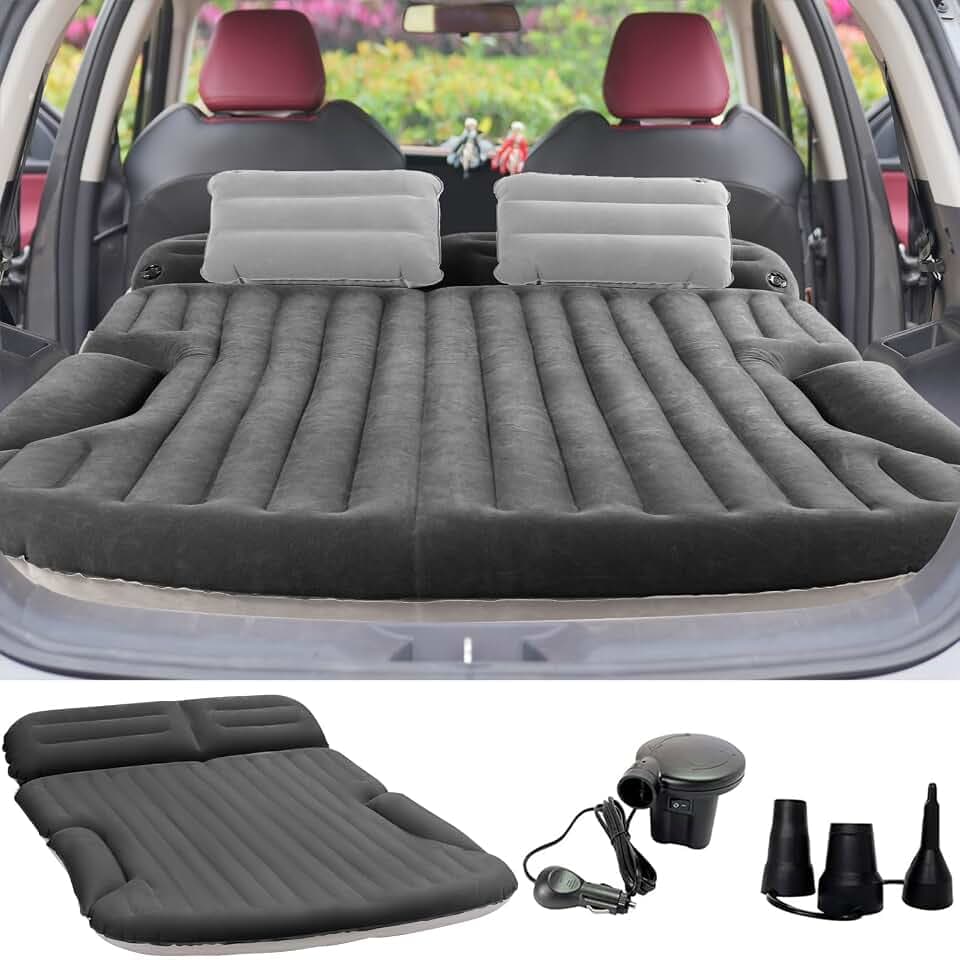 KMZ Auto Matratze, 2 Kissen Auto Luftmatratze, Doppelseitige Verdickte Beflockung Automatratze Camping Aufblasbaren Autobett für Kofferraum Rückbank