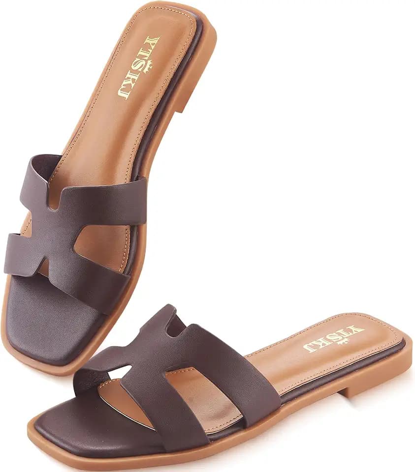 Sandals for Women Dressy Comfortable Flat Open Toe Casual Cute Trendy Shoes Soft Faux Leather Slip On Ladies Slides for Summer