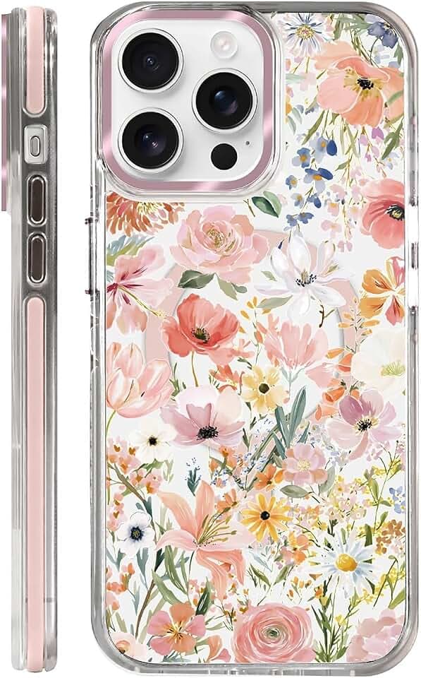 Clear Magnetic Case for iPhone 14 Pro, Slim Anti-Yellow Transparent Cover, Military Grade Protection, Phone Cases for iPhone 14 Pro, Spring Floral