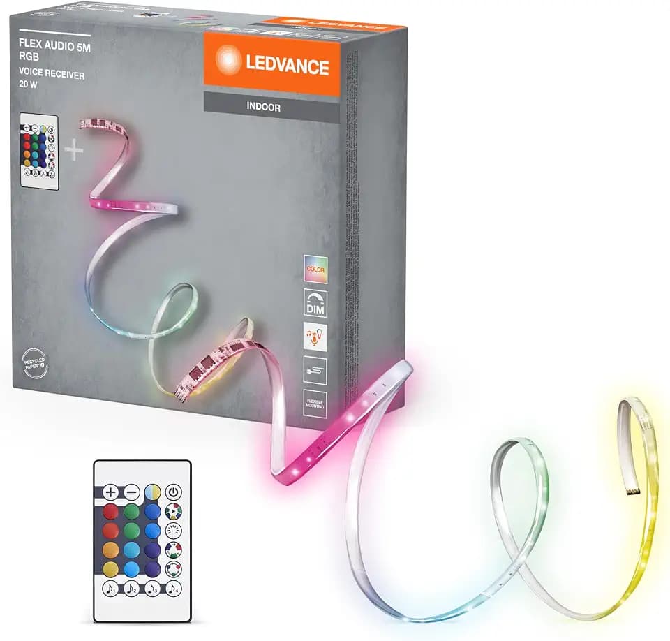 LEDVANCE FLEX AUDIO 5M LED-Streifen VR RC, weiß, 21W, 320lm, warmweißes Licht, integrierter Sound-Receiver, RGB-Farbsensor, Fernbedienung, lange Lebensdauer, einfache Montage, Schutzklasse IP20