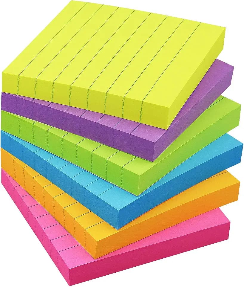 Lined Sticky Notes 3x3 in, 6 Bright Multi Colors,100 Sheet/Pad