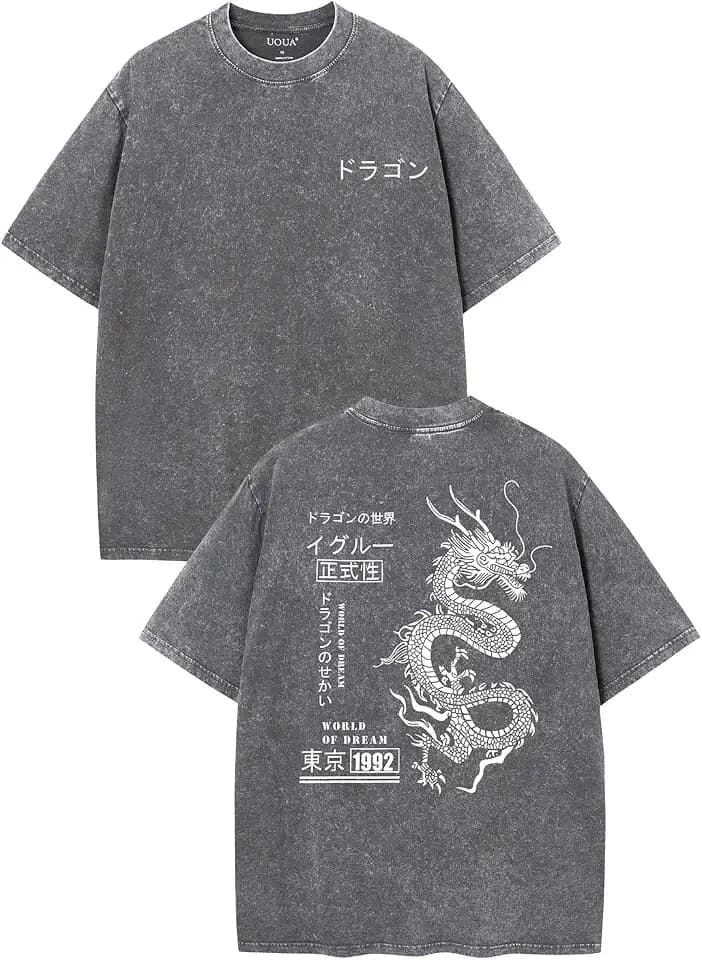 UOUA Men's Graphic Tees Washed Oversized Short Sleeve T-Shirts