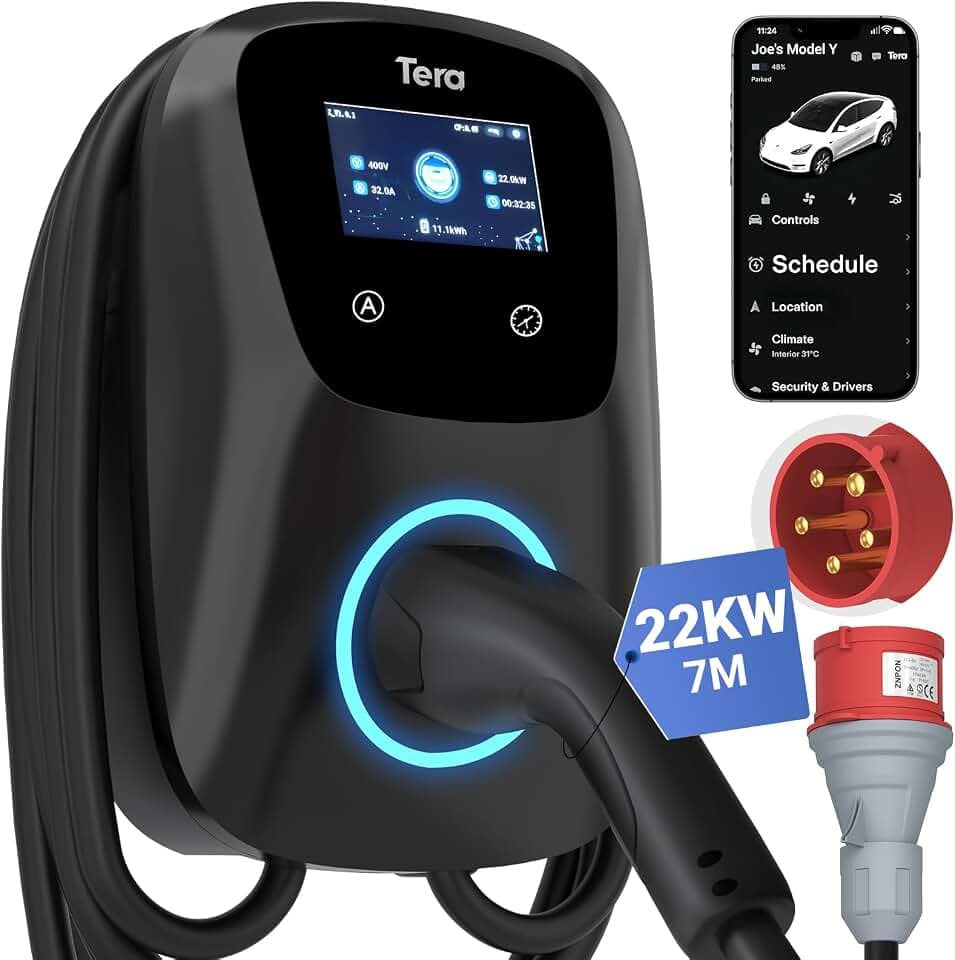 Tera EV Ladegerät Smart APP mit 32A Typ 2 22kW oder 11kW Heim Ladestation 400V CE & TÜV Wallbox 7m Ladekabel mit Ladegerätehalter App-Steuerung CEE 3-Phasen Stecker für Alle EVs und PHEVs W01 Schwarz