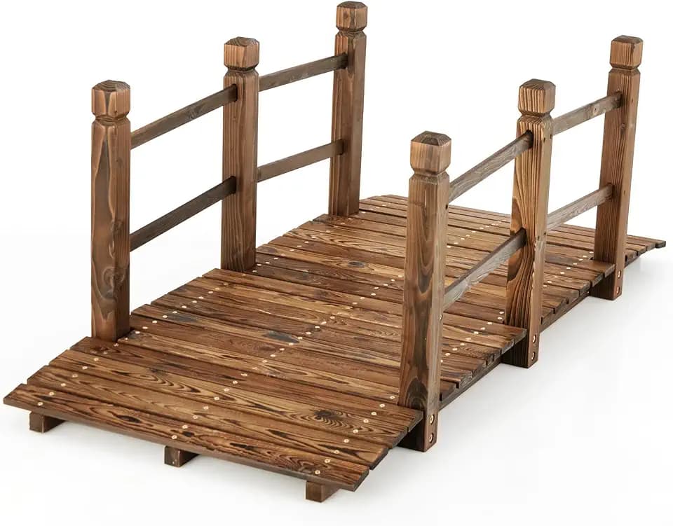 COSTWAY Brücke, Teichbrücke Gartenbrücke, Holzbrücke mit Geländern, Zierbrücke bis 180 kg belastbar, aus massivem Tannenholz, Dekobrücke für Garten Teich Außenbereich, 150 x 67 x 55 cm, Braun