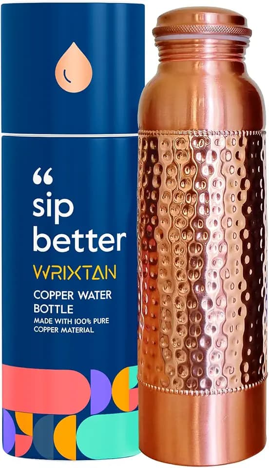 Pure Copper Water Bottle – 1 Liter (34 Oz) | Classic Half-Hammered Design | Leak-Proof, Eco-Friendly, Durable & Travel-Friendly | Stylish Hydration for Office, Gym, Yoga & Outdoor Use