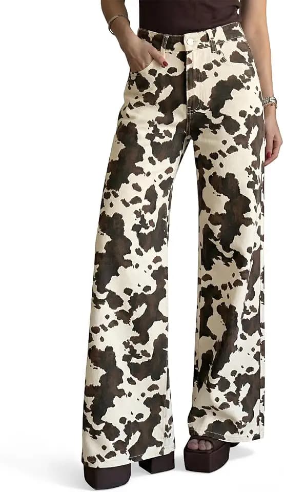 Cicy Bell Womens Wide Leg High Waisted Leopard Baggy Stretchy Jeans
