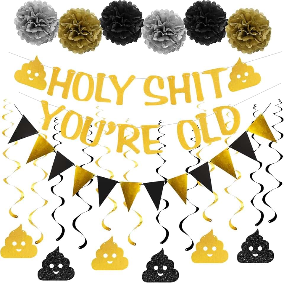 Holy You're Old Banner Decorations Kit,20Pcs,Gold Funny Adult Birthday Party Decor Sign for 30th-40th-50h-60th-70th-80th-90th Birthday,Including Holy You're Old Banner, 12Pcs Swirl, 6Pcs Poms