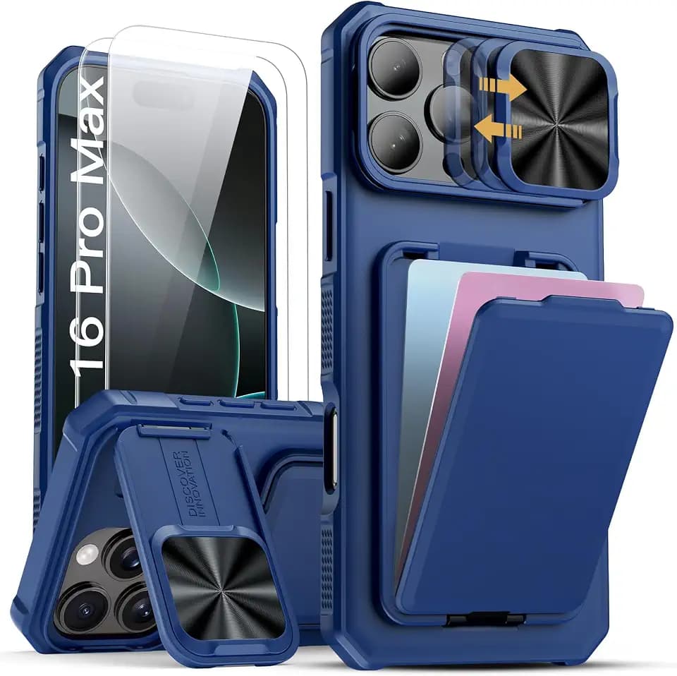 SSLOTSCASE for iPhone 16 Pro Max Case with 2X Screen Protector, Stand, Blue