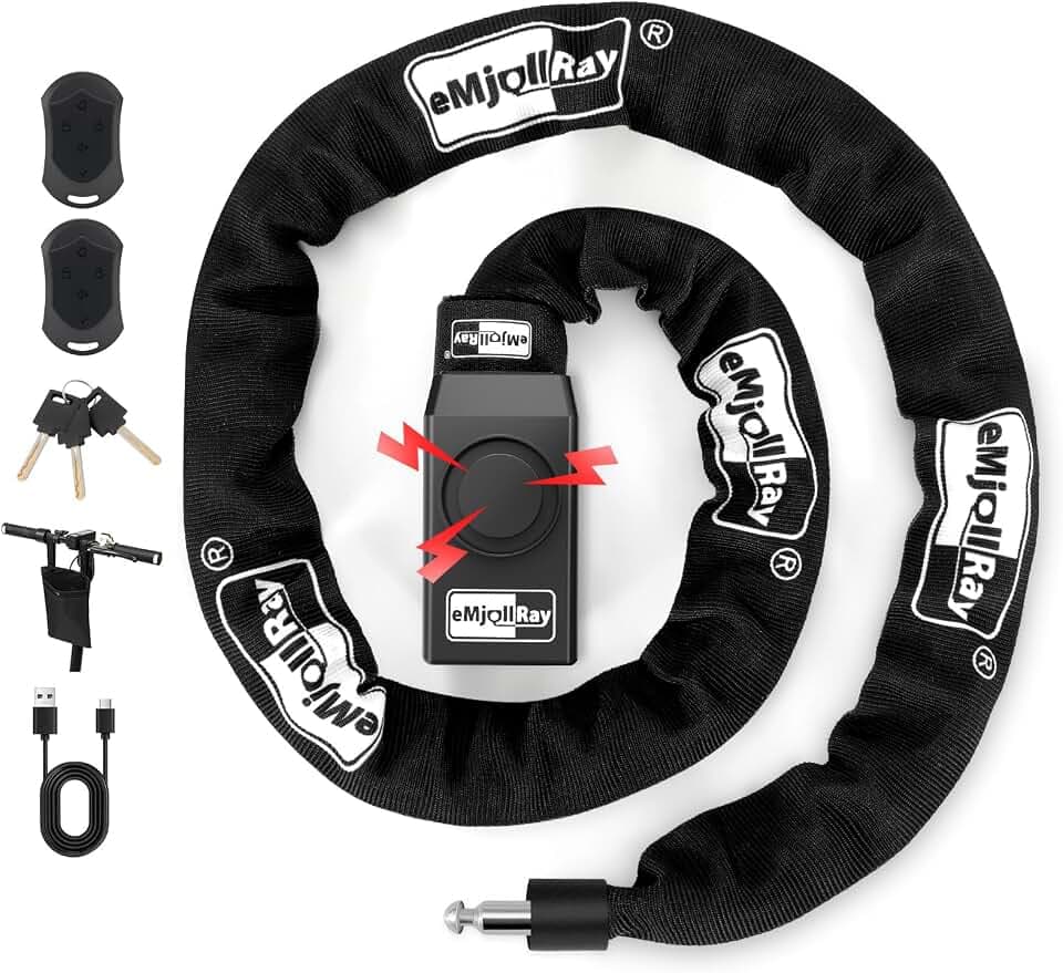 Bike Chain Lock with Alarm E Scooter Lock Anti-Theft Alarm 110dB 8MM 4ft Security Heavy Duty with USB C Cable and 3 Keys for Bike/E Scooter/Motorcycle