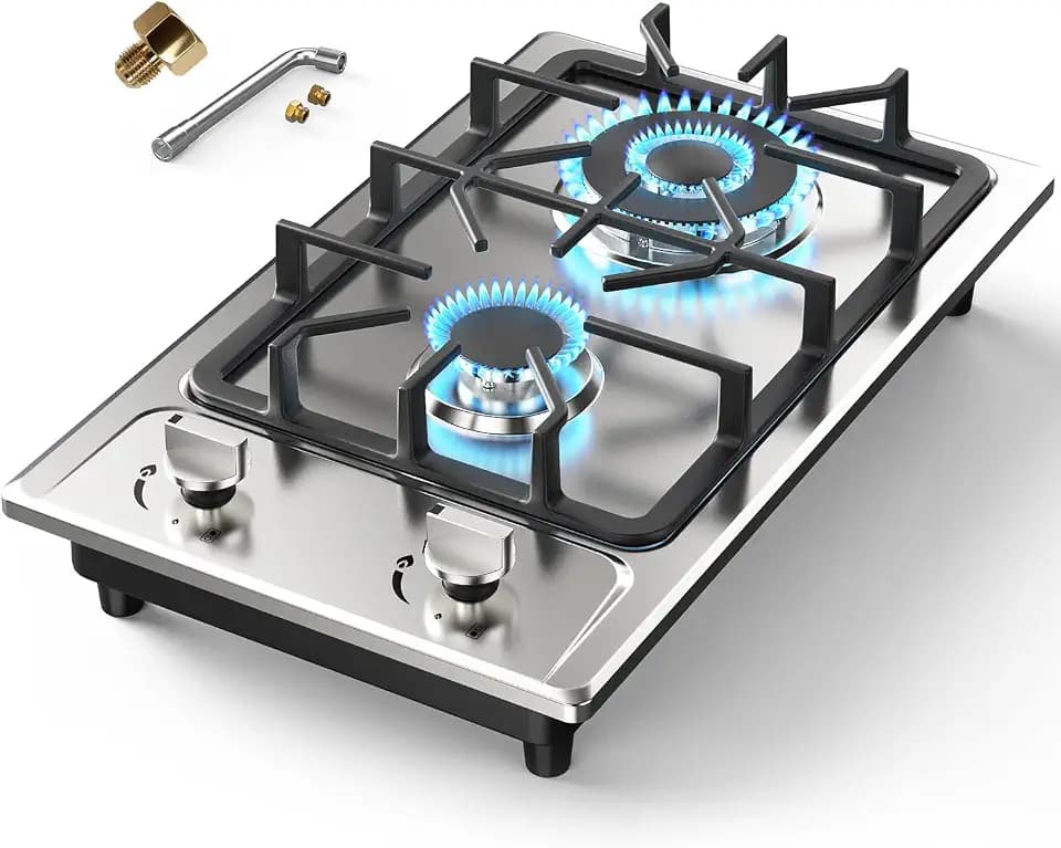 Gas Stove 2 Burner, Propane Cooktop 12 inch, Nafewin Portable Gas Cooktop Stainless Steel Stove Burner with Thermocouple Protection, Lpg/Ng Dual Fuel Built-in Hob for Apartments, Outdoor, Rvs