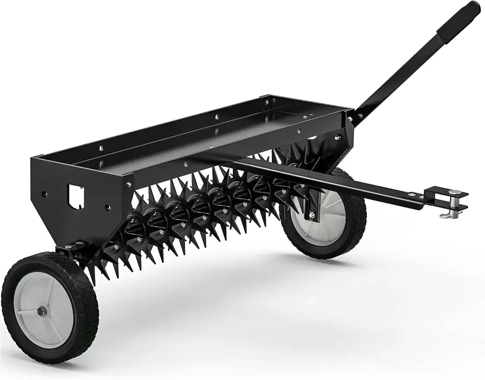 YITAMOTOR 40" Tow Behind Spike Aerator, Durable Lawn Aerator for Soil Penetrator with Transport Wheels & Galvanized Plug Coring Tines & Universal Hitch Tow Bar & Side Control Handle for ATV, Black