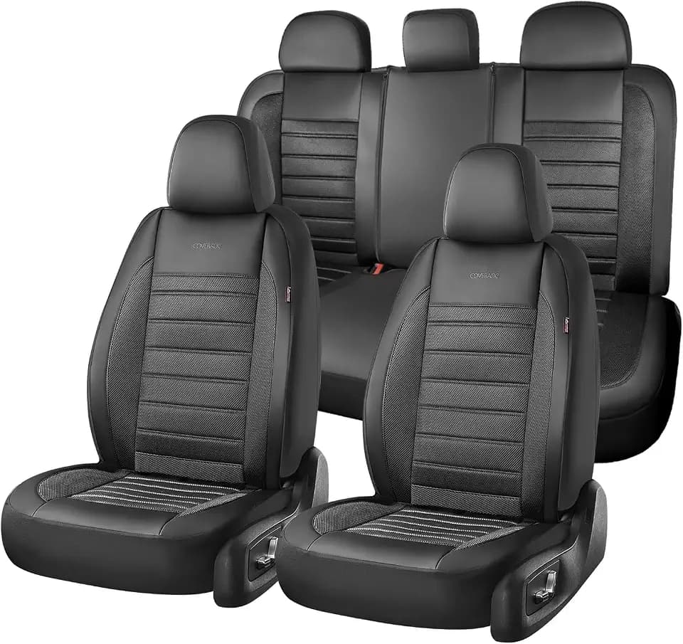 Car Seat Covers Full Set, Memory Foam Leather Car Seat Covers, Automotive Front and Rear Mesh Seat Covers, Full Set 5 Seats, Black Seat Covers for SUV Sedan Truck