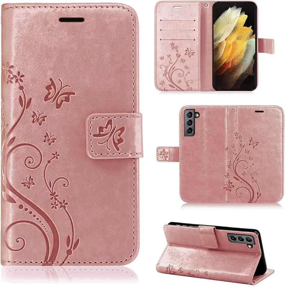 Hülle Kompatibel mit Samsung Galaxy S22 | Premium PU Leder Handyhülle Wallet Case für Galaxy S22 | Schutzhülle Blumen Klapphülle Handyhülle | Rosegold