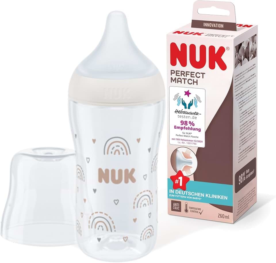 NUK Perfect Match Babyflasche | Ab 3 Monate | Passt sich dem Baby an | Temperature Control | Anti-Colic | 260 ml | Silikontrinksauger, Medium | Regenbogen