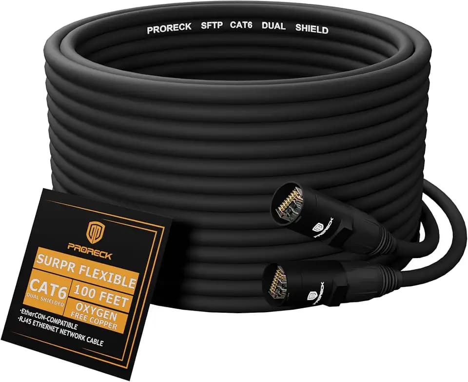 PRORECK SFTP CAT6 Dual Shielded Ethernet Cable with EtherCON RJ45 Connectors,100ft, High-Speed, Ideal for Pro Sound Systems, Studio, and Live Performances (PR-C6B-100)