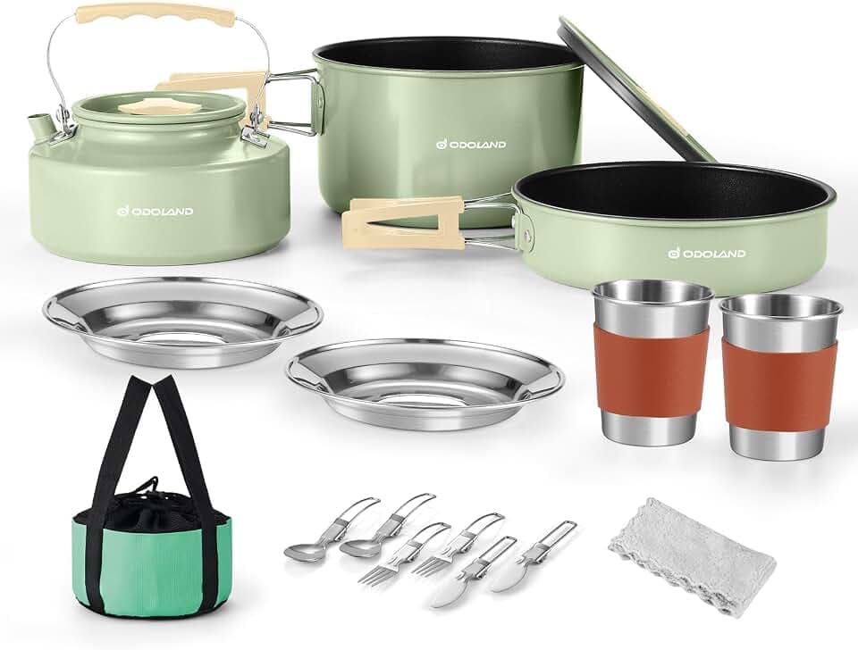 Odoland Camping Kochgeschirr Set Antihaft-Topf und Pfanne Set mit Wasserkocher, Edelstahl Utensilien Mess Kit, Tassen Teller Messer Löffel Gabeln für Outdoor Kochen