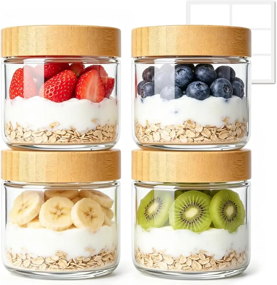 ComSaf Overnight Oats Gläser 300ml mit Bambusdeckel, Müslibecher 4er Set