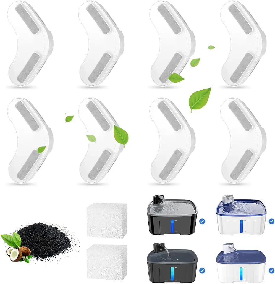 Hicuper Dog Water Fountain Filters 8 Packs Filters & 2 Pack Sponge Foam Filters for 2.1GAL/8L/270oz Large Dog Water Fountain