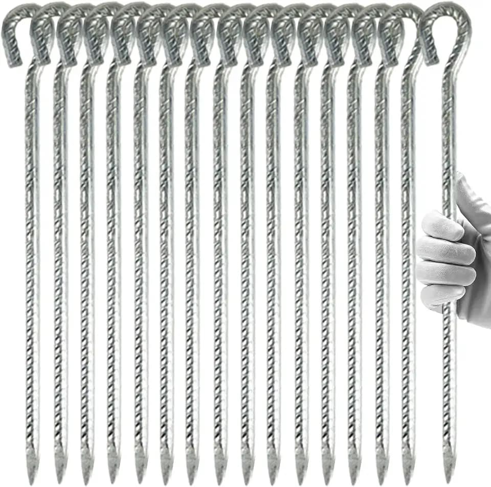 16" Rebar Stakes 1/2" Diameter Steel Spike, Ground Spike Anchor with Hook, Metal Stakes for Ground, Galvanized Rebar Spikes for Outdoor Camping and Yard,Silver (20 Pack,Silver)